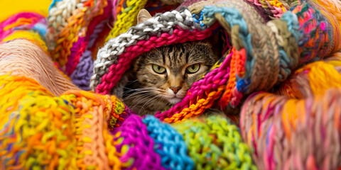 A cat hiding under colorful knitted blankets, surrounded by various colors of woolen fabric and knitwear. The background is filled with soft and warm textures, creating an atmosphere