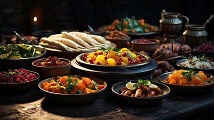 Obraz premium a table with many bowls of food including salads, chips, and other foods.