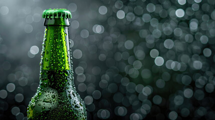 close-up of cap beer with transparent green glass bottle with raindrops and beautiful sparkling bokeh