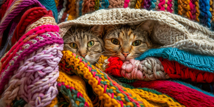 Un gato escondido bajo coloridas mantas tejidas, rodeado de varios colores de tejidos de lana y prendas de punto. El fondo est&aacute; lleno de texturas suaves y c&aacute;lidas, creando una atm&oacute;sfera.