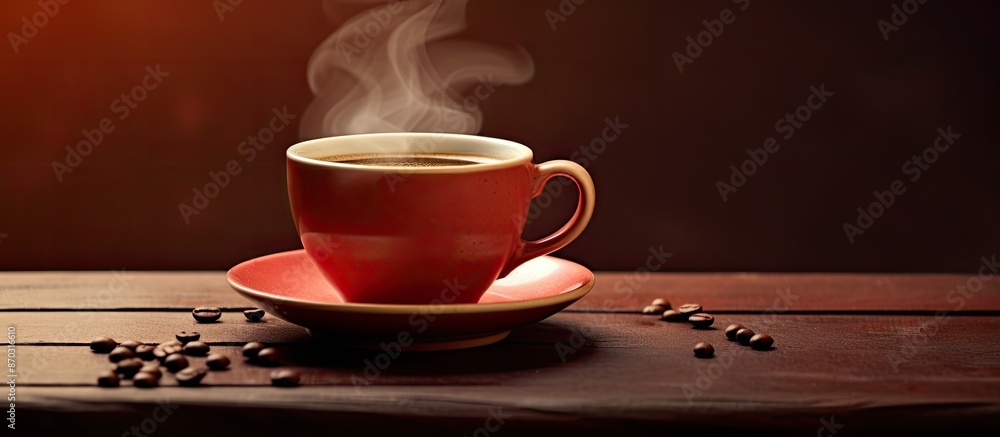 Aufkleber Take a refreshing break with a cup of coffee, text and a cup on a saucer with room for text or design in the background. with copy space image. Place for adding text or design