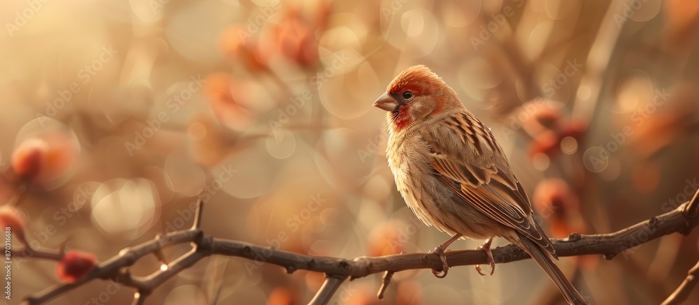 Poster a house finch perches on a branch in a portrait-style shot with a soft brown background, offering an
