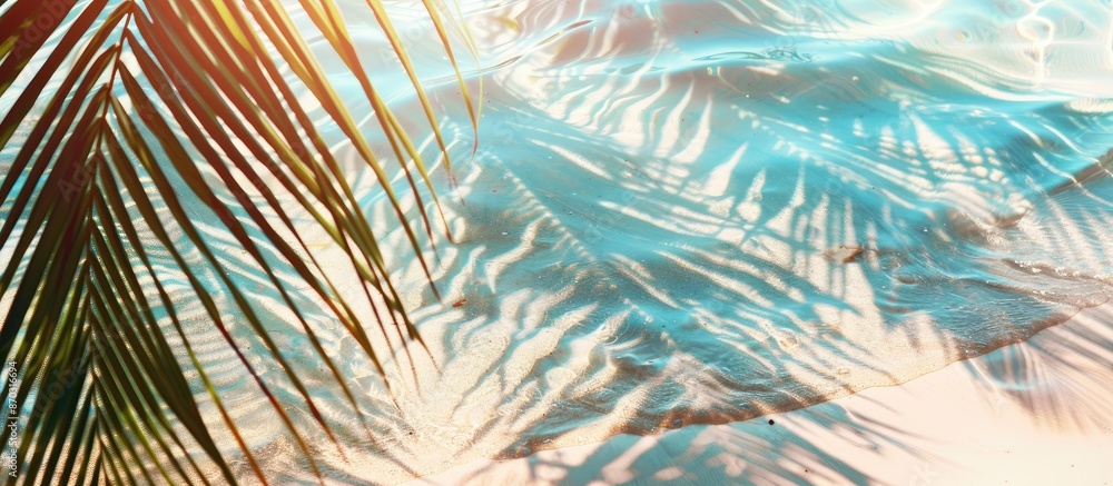 Poster abstract beach background with sunlight on water and shadow from palm leaves, ideal as a banner for 