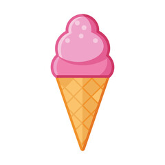 Illustration of Pink ice cream in waffle cone on white