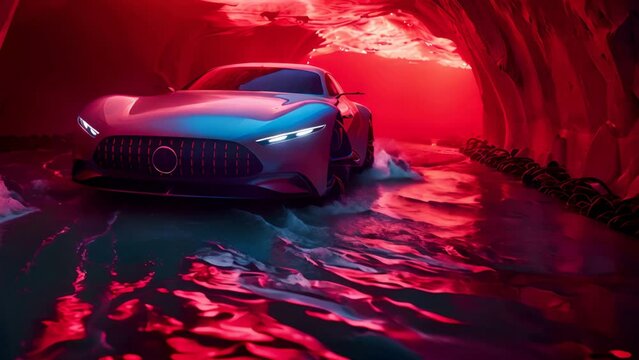 White prototype car viewed from the front in a futuristic red environment, red lights, water, and waves on the ground. Blue light from the black stone in front on the ground.