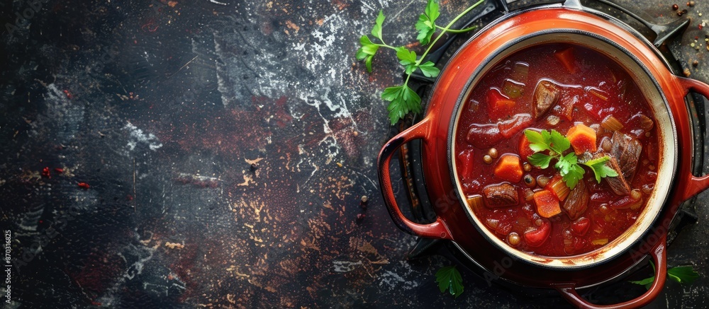 Aufkleber Beef Soup - fresh borscht in a pot- sitting on the stove. with copy space image. Place for adding text or design