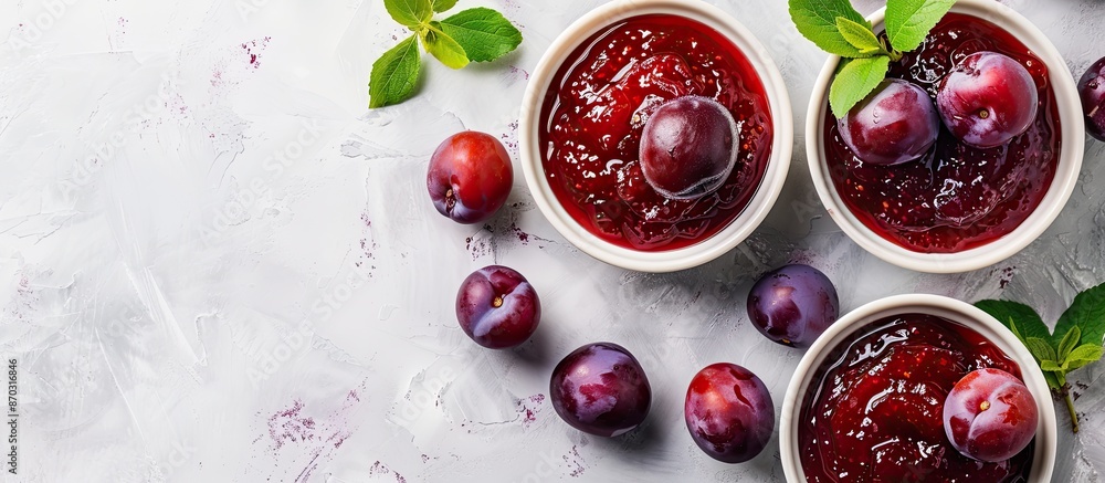 Poster bowls with tasty homemade plum jam on a bright background with copy space image.