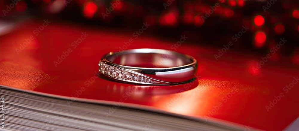 Poster elegant silver ring displayed on a red notebook with a white ribbon background, ideal for valentine'