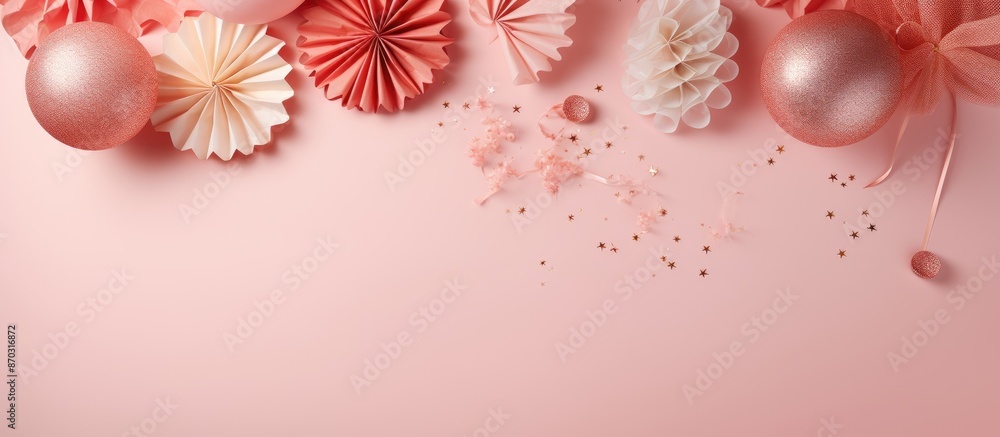 Aufkleber An aerial view of party decorations like blowers and streamers on a coral background, providing room for text in the image. with copy space image. Place for adding text or design