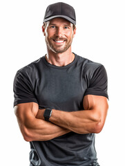 Naklejka premium a male fitness trainer smiling, isolated on white background