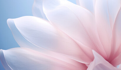 A close-up shot of the delicate, soft petals of a pink flower, captured against a soft blue sky