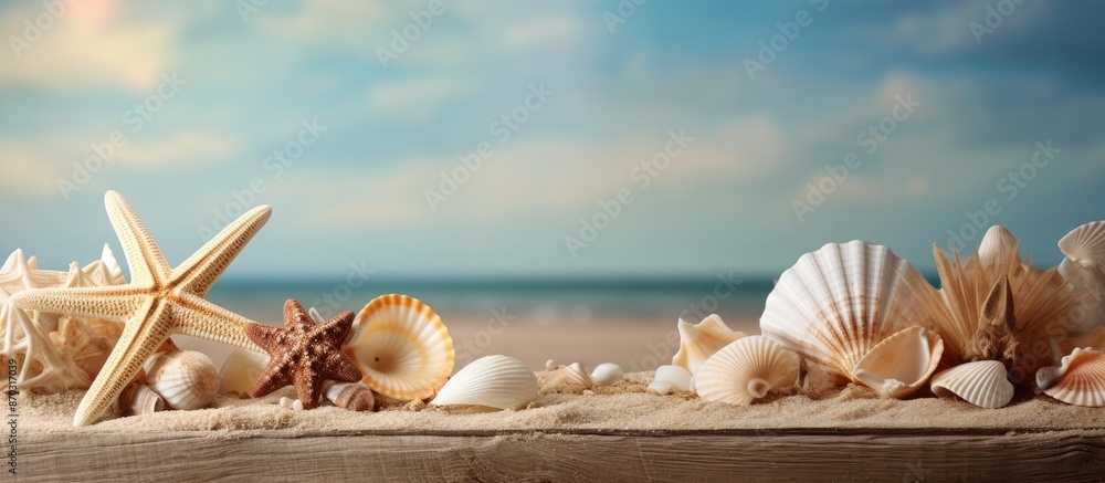 Poster A beach-themed table with sea shells and starfish for a summer concept, featuring a background with ample space for text or images.