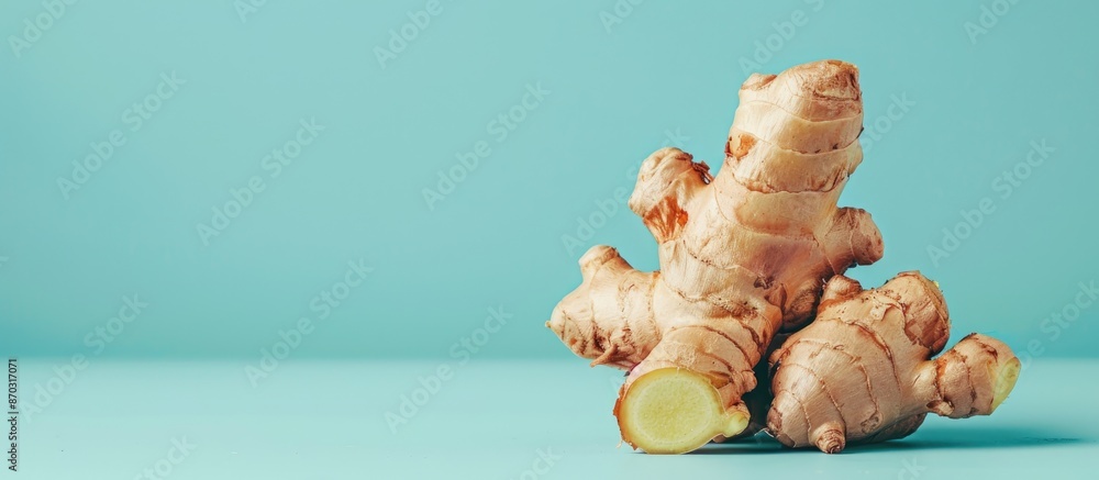 Fototapete fresh ginger Isolated on pastel background  Food  Isolated. with copy space image. Place for adding text or design