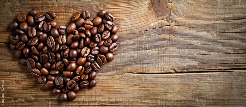 Poster Coffee beans roasted and arranged in a heart shape on a wooden surface with a copy space image.