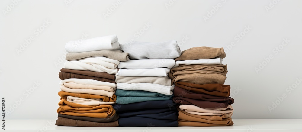 Poster close-up shot of neatly folded clothes atop a white backdrop with ample copy space image.