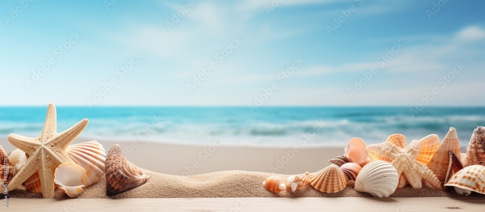 Aufkleber A beach-themed table with sea shells and starfish for a summer concept, featuring a background with ample space for text or images.