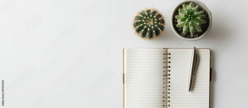 Poster White desk background with an open notebook, pen, and cactus presented in a top view. Includes copy space image.