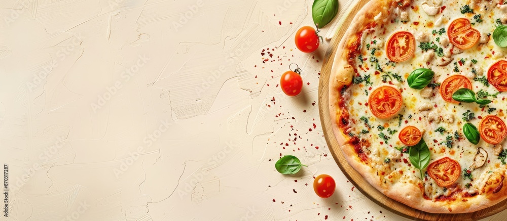 Aufkleber tikka pizza on a pizza board pastel background food. with copy space image. place for adding text or