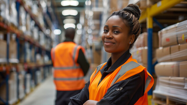 black female warehouse employee smiling