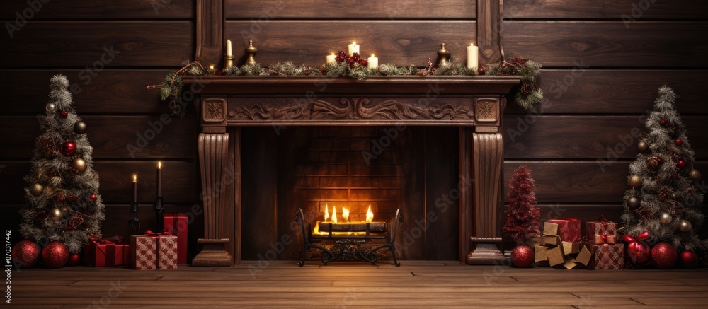 Poster copy space image of a vacant wooden table set against a backdrop of christmas ornaments and a firepl