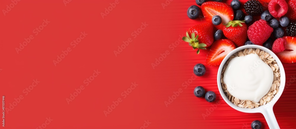 Poster top view of yogurt with berries and cereals on a red backdrop provides a visually appealing copy spa