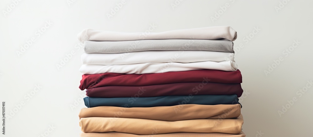 Poster close-up shot of neatly folded clothes atop a white backdrop with ample copy space image.