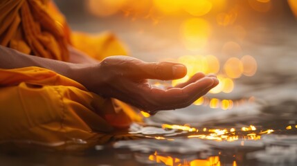 Close up of a monk hand in a meditative mudra, with a glowing, clean background, perfect for minimalistic and elegant advertising photos