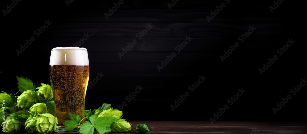 Poster top view of a glass of light beer with green hops on a black table, providing ample copy space image