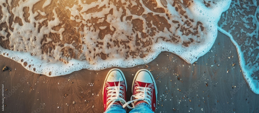 Aufkleber Aerial view of sneakers on sandy beach, with background for travel and adventure, featuring space for text or images. with copy space image. Place for adding text or design