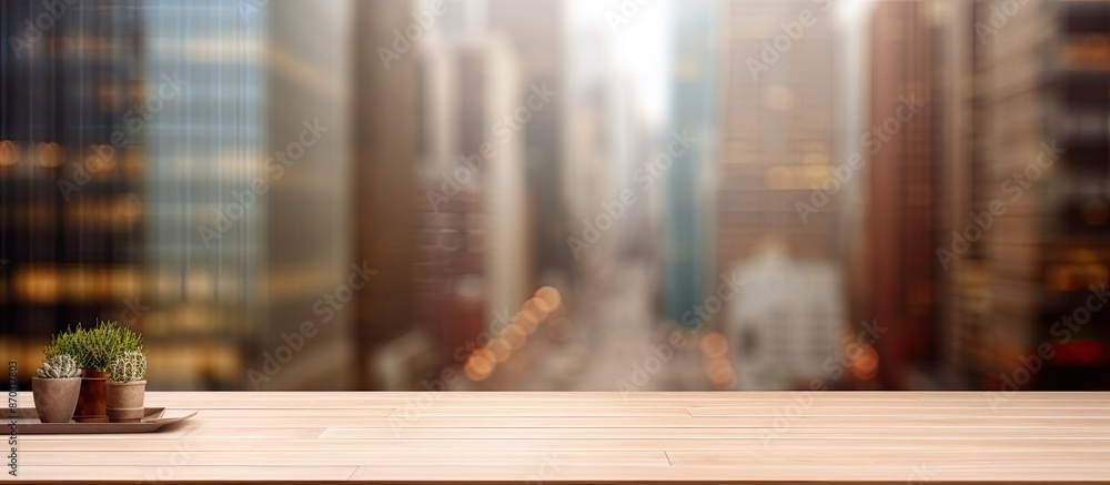 Poster blurry building in the background of a table top with copy space image.