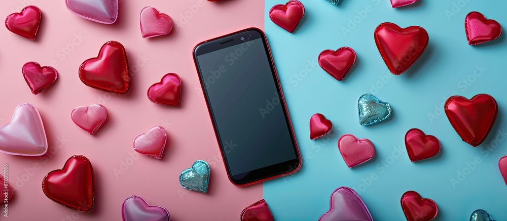 Poster valentine's day-themed top view flat lay of a mobile phone with a blank screen placed on a colored b
