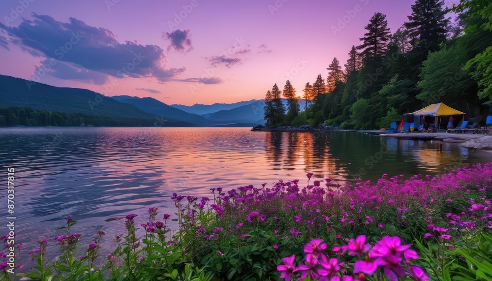 Wall mural Sunset over a Lake with Flowers in the Foreground.