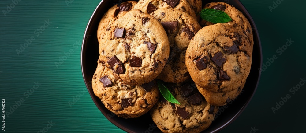 Fototapete Top view of a tempting stack of chocolate chip cookies in a green bowl on a black surface with ample copy space image.