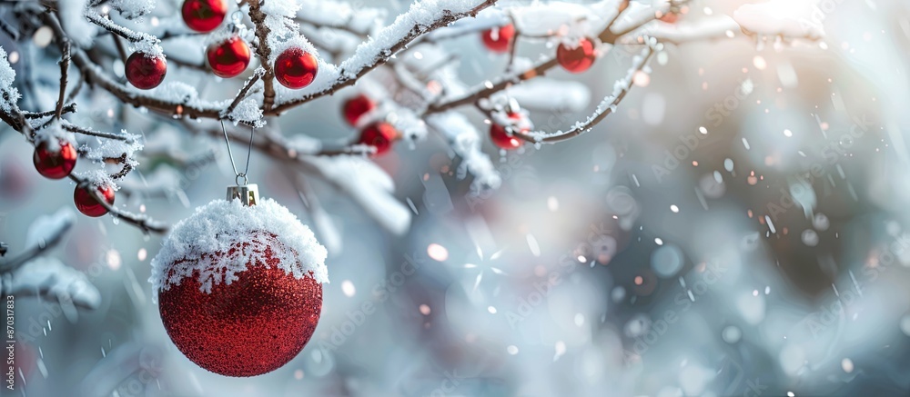 Aufkleber a red new year ball hangs on a snow-covered branch among christmas toys, creating a festive composit