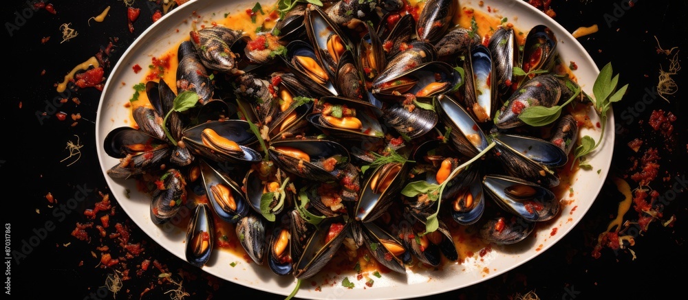 Poster plate of seafood mussels in wine sauce and thyme on dark background, viewed from the top, with room 