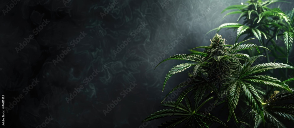 Poster nearly ripe marijuana plant set against a dark backdrop, displaying cannabis leaves and buds with sp