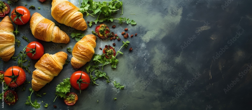 Aufkleber Top view of a selection of croissants topped with tomatoes, cheese, and pesto, garnished with arugula on a white stone surface with space for adding text or images. with copy space image
