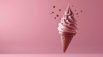 Delicious strawberry soft serve ice cream cone with sprinkles floating on a pink background. Tasty dessert perfect for summer treat.