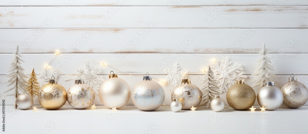 Poster Festive Christmas setup with vintage ornaments on a white wooden backdrop, ideal for adding text with copy space image.