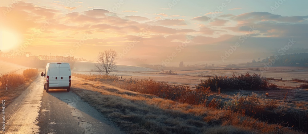 Poster delivery van on a road during delivery. copy space image. place for adding text or design