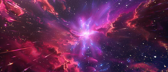 fly through colorful galaxy hyperspace speeds with glowing shades of purplish red astral clouds and stars stretching out as they pass through the vast backdrop