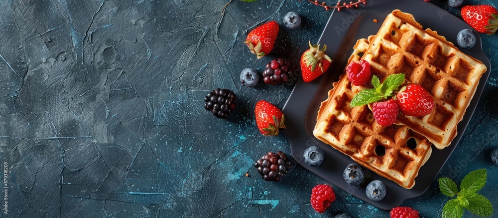 Poster A menu concept showcasing Belgian or American waffles as a delectable dessert snack, with a background view from the top and space for text inclusion in the image. with copy space image