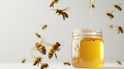 Honey jar with bees on white background