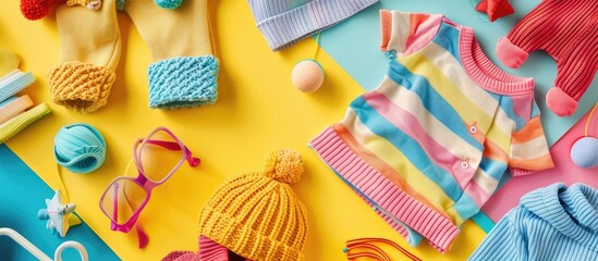 Baby clothes and accessories creatively arranged within a frame on a colorful background, creating a charming copy space image.