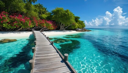 Wooden Pathway Leading to Tropical Beach.