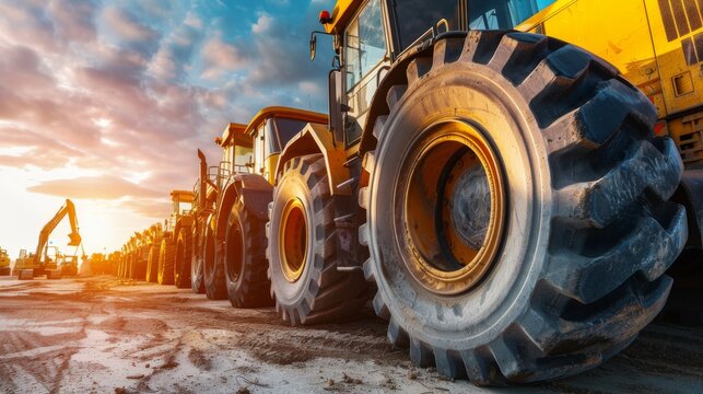 A stunning display of heavy-duty machinery tires lined up at a construction site during sunset, showing off the industrial strength and the beauty of engineering