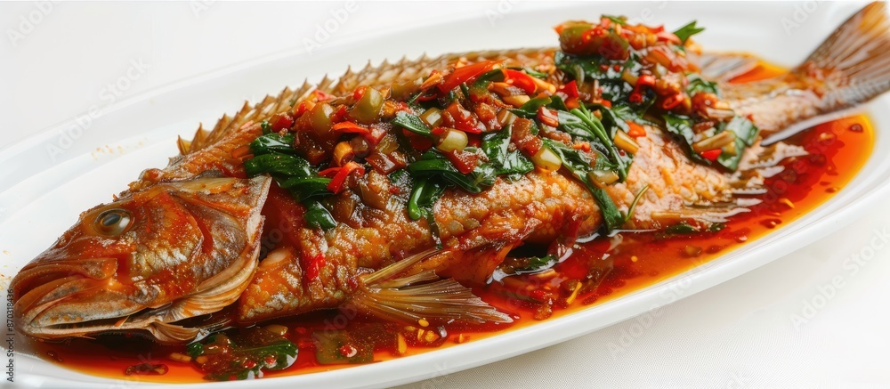 Aufkleber Tilapia fish with a spicy Sambal sauce, placed on a white background with selective focus, allowing room for text in the image. with copy space image. Place for adding text or design