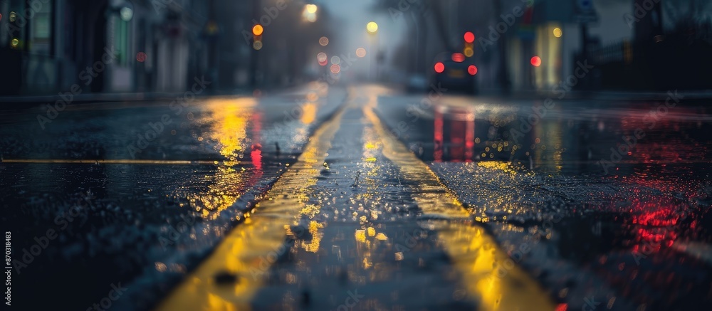 Poster Wet asphalt fills the background of a dimly lit empty street with a vast expanse of copy space image.