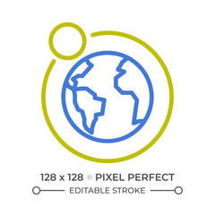 Earth and moon two color line icon. Planet orbit. Astronomical objects. Natural satellite. Solar system bicolor outline symbol. Duotone linear pictogram. Isolated illustration. Editable stroke