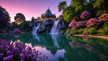 Fototapeta premium Romantic Waterfall And Pavilion In A Beautiful Garden.